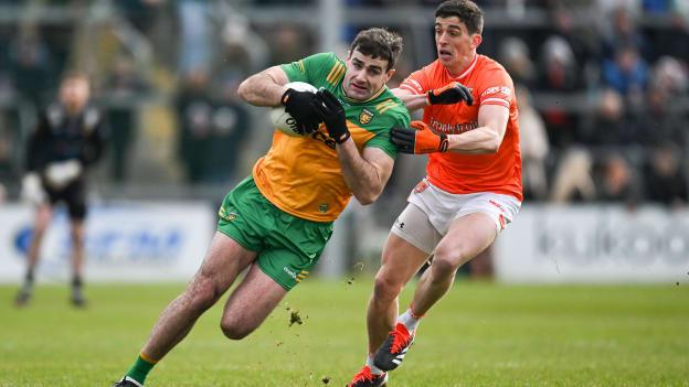 Caolan McGonagle of Donegal in action against Rory Grugan of Armagh during the Allianz Football League Division 2 match between Armagh and Donegal at BOX-IT Athletic Grounds in Armagh. Photo by Brendan Moran/Sportsfile