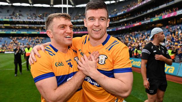 Clare's Shane O'Donnell and Tony Kelly celebrate following the 2024 All-Ireland SHC Final at Croke Park. Photo by Sam Barnes/Sportsfile