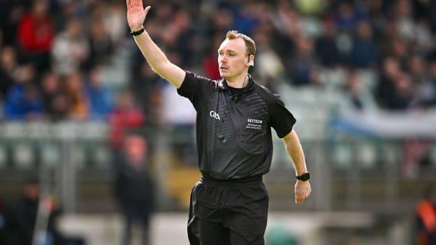 Referee Thomas Gleeson during the 2024 Allianz Hurling League Division 2A Final match between Carlow and Laois at Netwatch Cullen Park in Carlow. Photo by Ben McShane/Sportsfile.