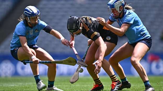 Julianne Malone, Kilkenny, and Aisling Maher and Abby Ryan, Dublin, in action during the 2024 All-Ireland Senior Camogie Quarter-Final at Croke Park. Photo by Piaras Ó Mídheach/Sportsfile