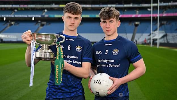 Alex Leyden and Conor Rynne, right, of Ennistymon Community School, Clare, ahead of their team's Masita All-Ireland Post Primary Schools C Football Final against St Clares Comprehensive School, Leitrim, during the Masita All-Ireland Post Primary Schools Finals Captains Call at Croke Park in Dublin. Photo by Stephen McCarthy/Sportsfile.