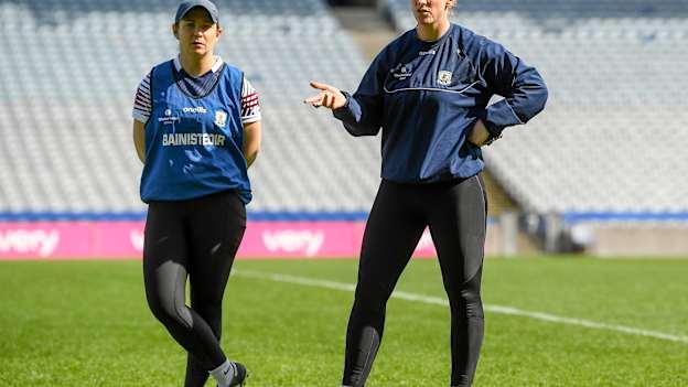 Galway coaches Molly Dunne, left, and Cora Staunton after the 2023 Very Camogie League Final Division 1A match between Kerry and Meath at Croke Park in Dublin. Photo by Eóin Noonan/Sportsfile