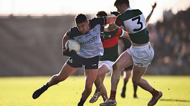 Kevin Stephenson of Dublin is tackled by Rory Brickenden of Mayo during the Allianz Football League Division 1 match between Mayo and Dublin at the Hastings Insurance MacHale Park in Castlebar, Mayo. Photo by Ben McShane/Sportsfile