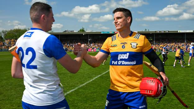 John Conlon of Clare with Shane Bennett of Waterford after the Munster GAA Hurling Senior Championship Round 4 match between Clare and Waterford at Cusack Park in Ennis, Clare. Photo by Ray McManus/Sportsfile.