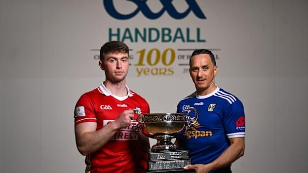 David Walsh of Cork and Paul Brady of Cavan in attendance at the 2025 oneills.com 4-Wall Men's & Ladies' Senior Singles All Ireland Championship Launch at the National Handball Centre in Croke Park, Dublin. Photo by David Fitzgerald/Sportsfile.