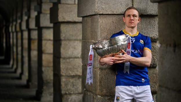 Paddy Fox of Longford poses for a portrait with the Delaney Cup at the launch of the 2024 Leinster GAA Senior Football Championship, in the National Museum of Ireland Dublin. Photo by Brendan Moran/Sportsfile.