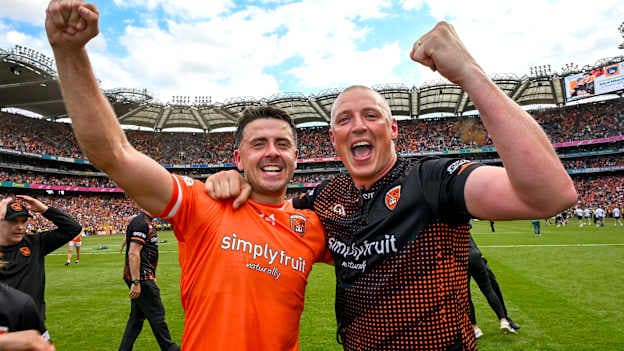 Stefan Campbell of Armagh and Kieran Donaghy celebrate after the 2024 GAA Football All-Ireland Senior Championship Final match between Armagh and Galway at Croke Park in Dublin. Photo by Ray McManus/Sportsfile