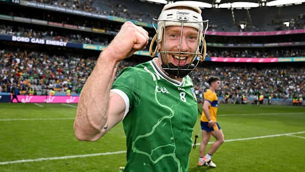 Cian Lynch celebrates following Limerick's All-Ireland SHC Semi-Final win over Clare at Croke Park. Photo by Seb Daly/Sportsfile