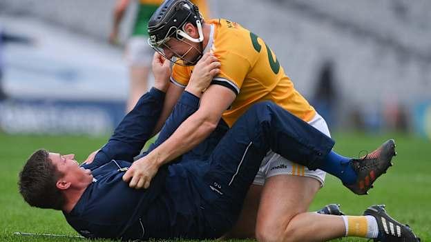 Antrim manager Darren Gleeson and Domhnall Nugent celebrate at the final whistle of the 2020 Joe McDonagh Cup Final match between Kerry and Antrim at Croke Park in Dublin. Photo by Brendan Moran/Sportsfile