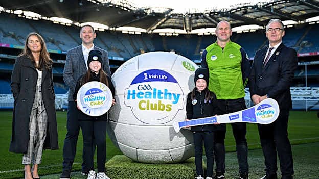 Pictured at Croke Park for the announcement of Irish Life’s renewal of its sponsorship of the Irish Life GAA Healthy Clubs Programme are, from left, Stacey Machesney, Head of Health and Wellbeing at Irish Life; Declan Bolger, CEO of Irish Life, Holly and Grace Daly from Castleknock GAA Club, Rory O’Connor, Rory’s Stories and Irish Life GAA Healthy Clubs ambassador, and Jarlath Burns Uachtarán Chumann Lúthchleas Gael Jarlath Burns, President of the GAA. The Irish Life GAA Healthy Club Programme is the GAA’s flagship programme to promote health and wellbeing in Ireland outside of its official game’s structures. It aims to support GAA clubs and communities throughout Ireland to achieve locally defined health and wellbeing goals that also reflect the national policy agenda for sport, physical activity, mental health, and preventative health. Photo by Sam Barnes/Sportsfile