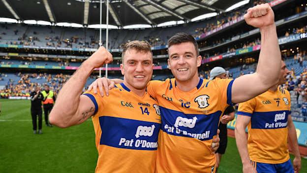 Clare's Shane O'Donnell and Tony Kelly celebrate following the All-Ireland SHC Final at Croke Park. Photo by Sam Barnes/Sportsfile