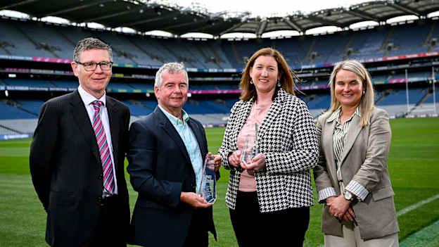 Poc Fada Hall of Fame 2024 recipients Gerry Goodwin and Denise Lynch with Ard Stiúrthóir of the GAA Tom Ryan and Munster camogie Chairperson Christine Ryan during the launch at Croke Park in Dublin. Photo by David Fitzgerald/Sportsfile.