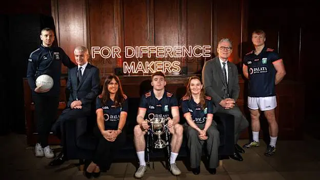 Dalata Hotel Group marks Year Two Of Its Title Sponsorship Of The GAA U20 Football Championship. Pictured (From L-R) Keith Higgins, Mayo U20’s Football Manager, Dalata Hotel Group CEO Dermot Crowley, Roma O’Connor, CMO Dalata Hotel Group, Eoin McElholm, Tyrone U20’s Footballer of the Year 2025, Dr Jennifer Hayes, Principal Clinical Psychologist, GAA President Jarlath Burns and Cormac Egan, Offaly player and Dalata Graduate.