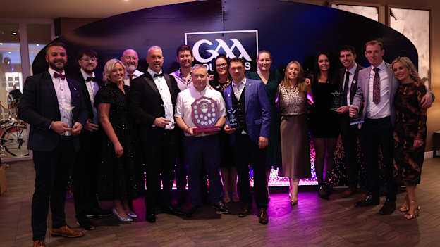 Carrickmacross players collecting the Club of the Year award at the 2025 GAA Rounders All-Stars. 