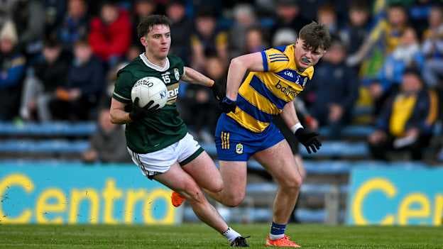 Paddy Lane, Kerry, and Diarmuid O’Higgins, Roscommon, in Dalata Hotel Group All-Ireland U20 Football Championship semi-final action at FBD Semple Stadium. Photo by Paul Phelan/Sportsfile