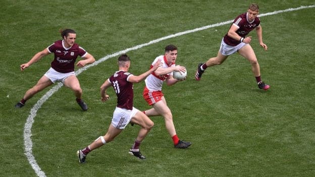 Padraig McGrogan of Derry in action against Matthew Tierney of Galway during the GAA Football All-Ireland Senior Championship Semi-Final match between Derry and Galway at Croke Park in Dublin. Photo by Daire Brennan/Sportsfile
