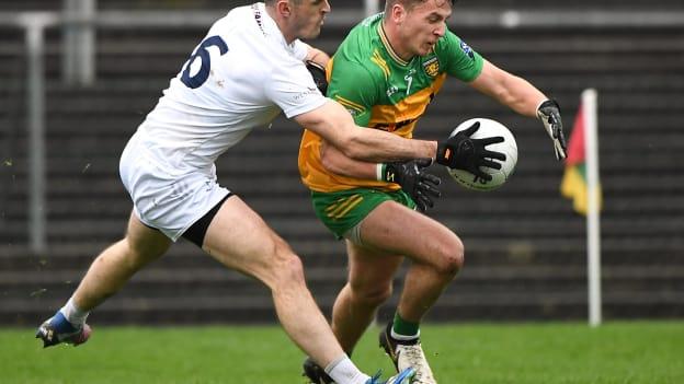 Peadar Mogan, Donegal, and Eoin Doyle, Kildare, in Allianz Football League action.  Photo by Matt Browne/Sportsfile