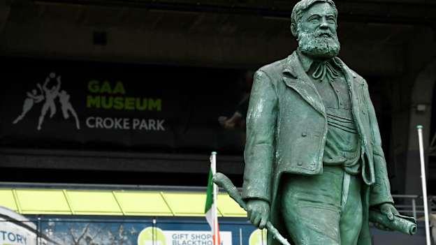 The statue of Michael Cusack behind the stand bearing his name in Croke Park. 