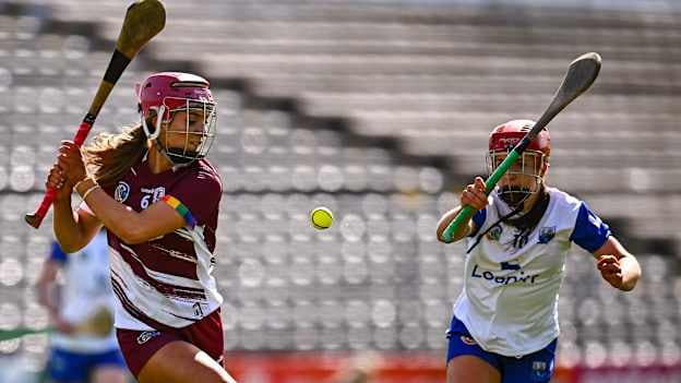 Ciara Hickey of Galway in action against Eimear O'Neill of Waterford during the Centra National Camogie League Division 1A final match between Waterford and Galway at UPMC Nowlan Park in Kilkenny. Photo by Piaras Ó Mídheach/Sportsfile