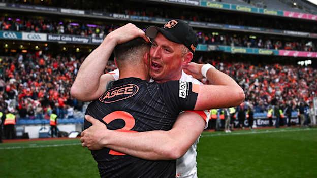 Armagh selector Kieran Donaghy and Aaron McKay of Armagh after their side's victory in the GAA Football All-Ireland Senior Championship semi-final match between Armagh and Kerry at Croke Park in Dublin. Photo by Harry Murphy/Sportsfile
