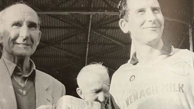 Conor O'Donovan pictured with his father Pakie and the Dan Breen Cup after captaining Nenagh Éire Óg to the 1995 Tipperary SHC title. 