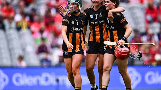 Kilkenny players, from left, Michelle Teehan, Caoimhe Dowling and Angela Carroll celebrate after victory in the Glen Dimplex All-Ireland Senior Camogie Championship quarter-final match between Kilkenny and Waterford at Croke Park in Dublin. Photo by Piaras Ó Mídheach/Sportsfile.