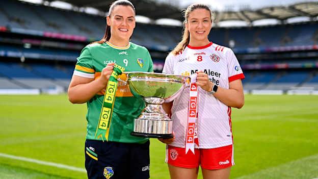 In attendance during the captains day ahead of the 2024 TG4 All-Ireland Ladies Football Championship Finals at Croke Park in Dublin is the Intermediate Championship contenders Leitrim captain Michelle Guckian, left, and Tyrone captain Aoibhinn McHugh. Photo by Ben McShane/Sportsfile.