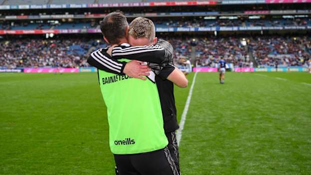Brian Dowling and Richie Ruth celebrate following Kildare's Joe McDonagh Cup Final win in 2025. Photo by Ray McManus/Sportsfile