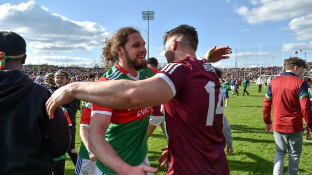 Padraig O’Hora of Mayo congratulates Damien Comer of Galway after the game in the Connacht GAA Football Senior Championship Quarter-Final match between Mayo and Galway at Hastings Insurance MacHale Park in Castlebar, Mayo. Photo by Ray Ryan/Sportsfile.