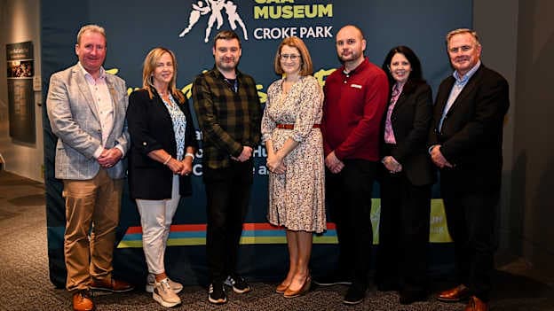 In attendance, from left, GAA Handball President Conor McDonnell, LGFA Chief Executive Officer Helen O'Rourke, GAA Museum Archivist Adam Staunton, Former Uachtarán an Cumann Camógaíochta Hilda Breslin, National Head of GAA Handball David Britton, GAA Museum Director Niamh McCoy and Croke Park Stadium Director Peter McKenna during the ‘Foundations to Future’ exhibition launch at the GAA Museum in Croke Park, Dublin.