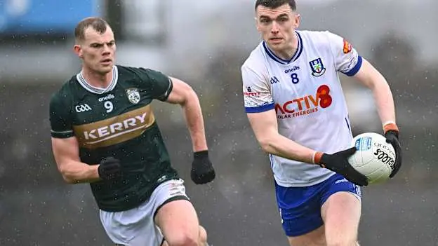 Michael McCarville, Monaghan, and Mark O'Shea, Kerry, in Allianz Football League action. Photo by Piaras Ó Mídheach/Sportsfile