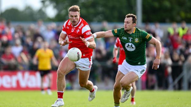 Conor Grimes, Louth, and Ronan Jones, Meath, in All-Ireland SFC action. Photo by Daire Brennan/Sportsfile