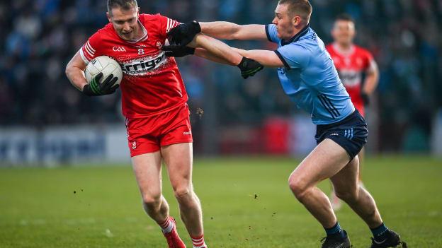 Emmet Bradley, Derry, and Peadar O Cofaigh Byrne, Dublin, in Allianz Football League action. Photo by David Fitzgerald/Sportsfile