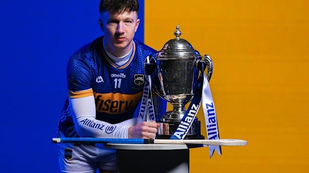 Jake Morris of Tipperary with the Allianz Hurling League Division 1A trophy ahead of the Allianz Hurling League Division 1A Final between Cork and Tipperary at SuperValu Páirc Uí Chaoimh in Cork this weekend. Photo by Brendan Moran/Sportsfile.