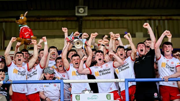 Tyrone captain Michael Rafferty lifts the cup alongside teammates after his side's victory in the 2024 EirGrid GAA Football All-Ireland U20 Championship final match between Kerry and Tyrone at Laois Hire O’Moore Park in Portlaoise, Laois. Photo by Harry Murphy/Sportsfile