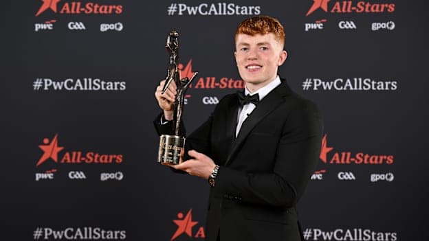 Mayo footballer Darragh Beirne with his PwC GAA/GPA All-Star Award during the 2026 PwC GAA/GPA All-Star Awards at the RDS in Dublin. Photo by Sam Barnes/Sportsfile.