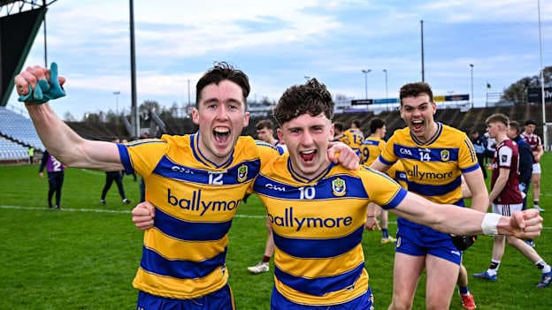 Eoin Collins and Cathal McKeon of Roscommon, with Ruairí Kilcline running from behind, celebrate after winning the Connacht GAA Football U20 Championship semi-final match between Galway and Roscommon at Hastings Insurance MacHale Park in Castlebar, Mayo. Photo by Paul Phelan/Sportsfile.