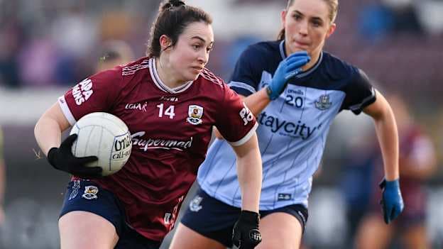 Leanne Coen, Galway, and Ashling Nyhan, Dublin, in Ladies National Football League action. Photo by Stephen McCarthy/Sportsfile