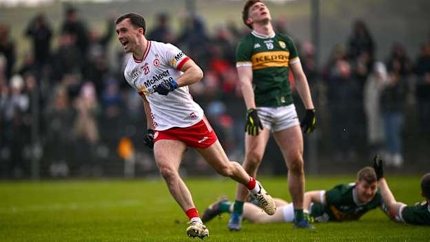 Darragh Canavan of Tyrone celebrates after scoring his side's first goal during the Allianz Football League Division 1 match between Tyrone and Kerry at Pomeroy Plunkett's GAA Club in Pomeroy, Tyrone. Photo by Ramsey Cardy/Sportsfile.