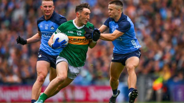 Paudie Clifford, Kerry, and Dublin duo Eoin Murchan and Ciarán Kilkenny in action during the 2023 All-Ireland SFC Final at Croke Park. Photo by Ray McManus/Sportsfile