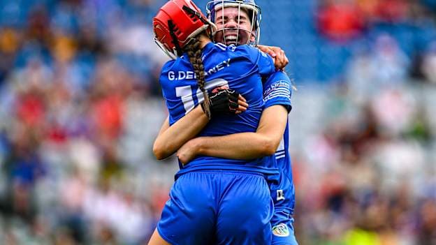 Laois players Aimee Collier, behind, and Grainne Delaney celebrate after the Glen Dimplex All-Ireland Premier Junior Camogie Championship final match between Armagh and Laois at Croke Park in Dublin. Photo by Piaras Ó Mídheach/Sportsfile.