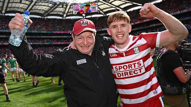 Cork goalkeeper Patrick Collins, right, and goalkeeping coach Ger Lombard celebrate after their side's victory in the GAA Hurling All-Ireland Senior Championship semi-final match between Limerick and Cork at Croke Park in Dublin. Photo by Seb Daly/Sportsfile.