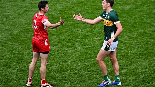 Chrissy McKaigue and David Clifford following the 2024 All-Ireland SFC Quarter-Final at Croke Park. Photo by Piaras Ó Mídheach/Sportsfile