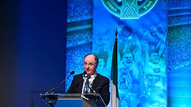 GAA Presidential candidate Derek Kent speaking after he was voted in as Uachtarán Tofa Chumann Lúthchleas Gael, to become GAA President in 2027 on day one of the GAA Annual Congress at Croke Park in Dublin. Photo by Piaras Ó Mídheach/Sportsfile.