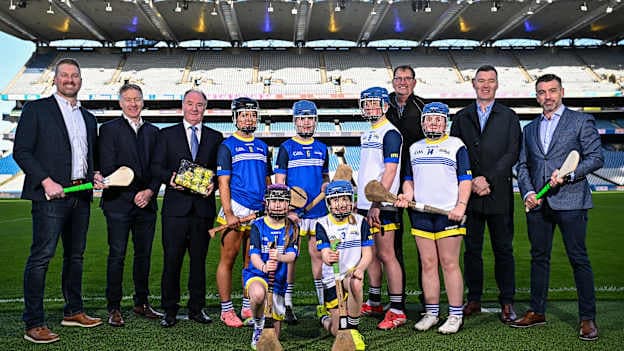 In attendance during the recent GAA and Musco Youth Partnership launch are, backrow from left, Musco Lighting Director of Europe, Middle East and Africa, Chris Limpach, GAA Director of Coaching Games Development Shane Flanagan, Uachtarán Tofa Chumann Lúthchleas Gael Derek Kent, Daisy McSherry, Sam McSherry, Tommy Walsh, Musco Lighting Chief Executive, Jeff Rogers, Lisa Walsh, GAA Head of Hurling Willie Maher, and Musco Lighting Ireland Sales, Neil McSherry, McSherry Electrical with front row Caoimhe O'Riordan, left, and Eanna O'Riordan, at Croke Park in Dublin.