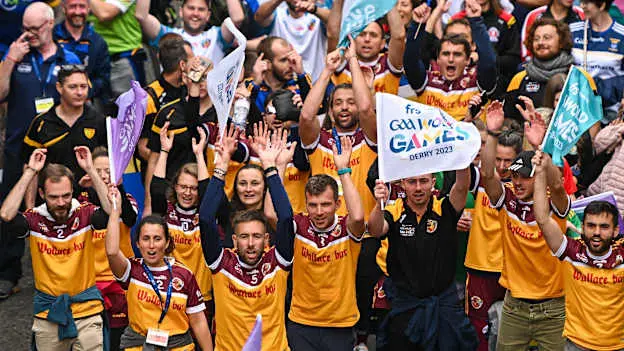A general view of the parade during the opening ceremony of the FRS Recruitment GAA World Games 2023 in Derry. Photo by Ramsey Cardy/Sportsfile.