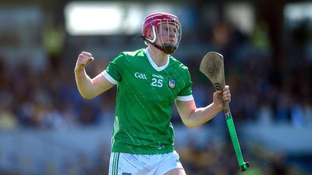 Donnacha Ó Dalaigh of Limerick celebrates after scoring his side's second goal during the Munster GAA Hurling Senior Championship Round 1 match between Clare and Limerick at Cusack Park in Ennis, Clare. Photo by John Sheridan/Sportsfile.