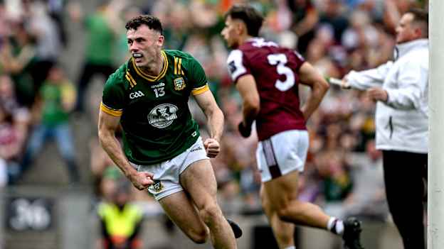 Jordan Morris of Meath celebrates after scoring a goal, in the 62nd minute, during the GAA Football All-Ireland Senior Championship quarter-final match between Meath and Galway at Croke Park in Dublin. Photo by Ray McManus/Sportsfile.