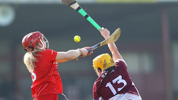 Libby Coppinger, Cork, and Shannon Corcoran, Galway, in Centra Camogie League action.