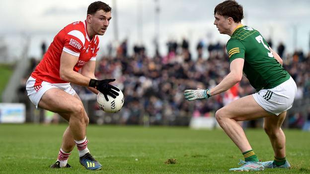 Sam Mulroy of Louth and Adam O'Neill of Meath during the Allianz Football League Division 2 match between Meath and Louth at Páirc Tailteann in Navan, Meath. Photo by Shauna Clinton/Sportsfile.